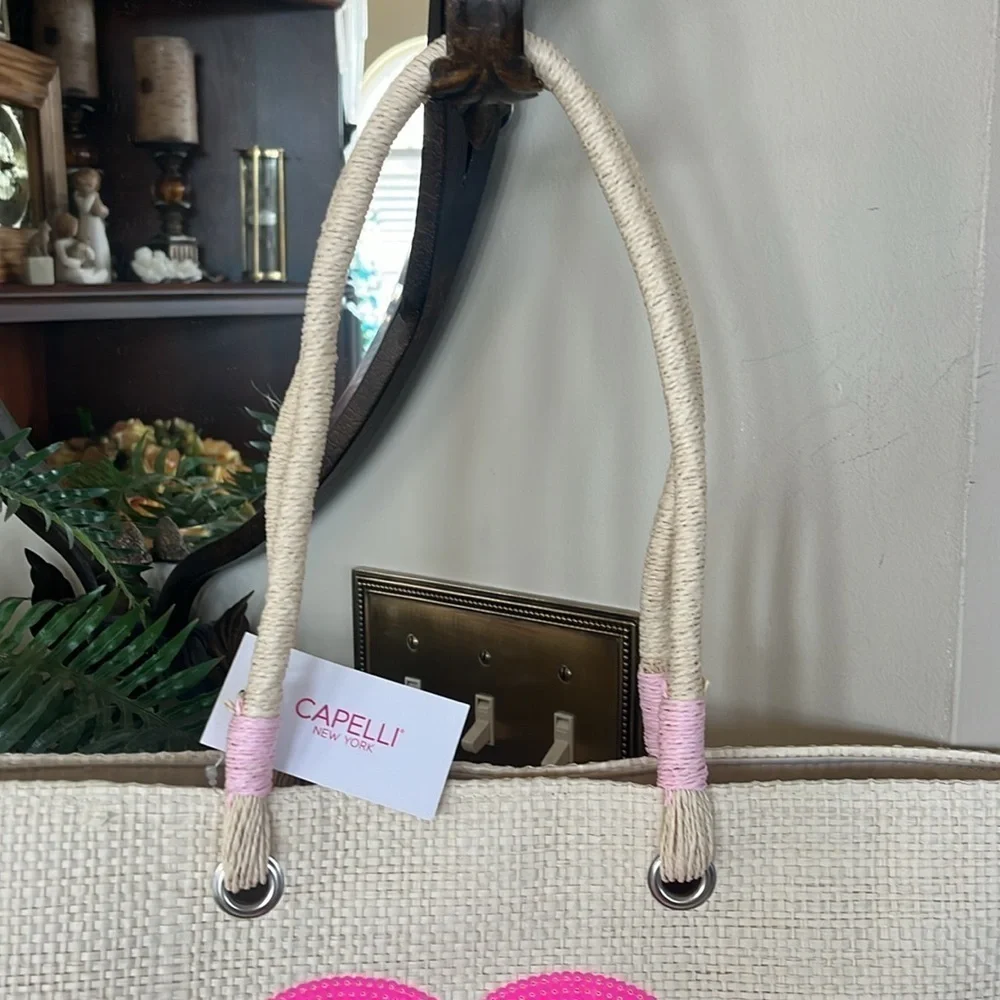 Brand New Capelli Straw Shoulder Bag Sequined Pink Heart Tote Snap Close Natural